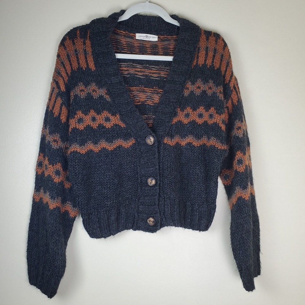 Natural Life Fair Isle Cardigan Grandpa Sweater XS Small Charcoal Gray Brown